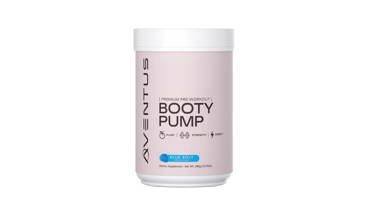 Aventus Booty Pump tub and scoop ready for a powerful pre-workout pump.