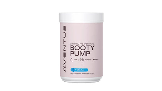 Aventus Booty Pump tub and scoop ready for a powerful pre-workout pump.