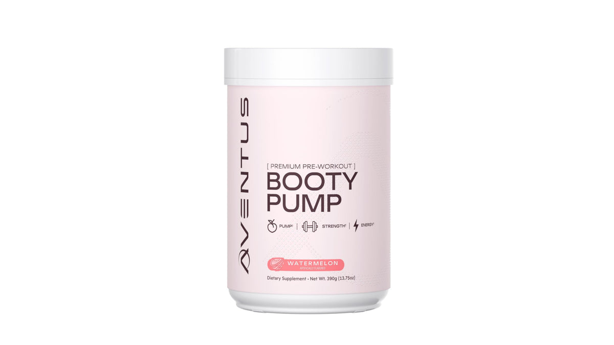 Aventus Booty Pump watermelon powder in the tub ready for pre-workout energy.