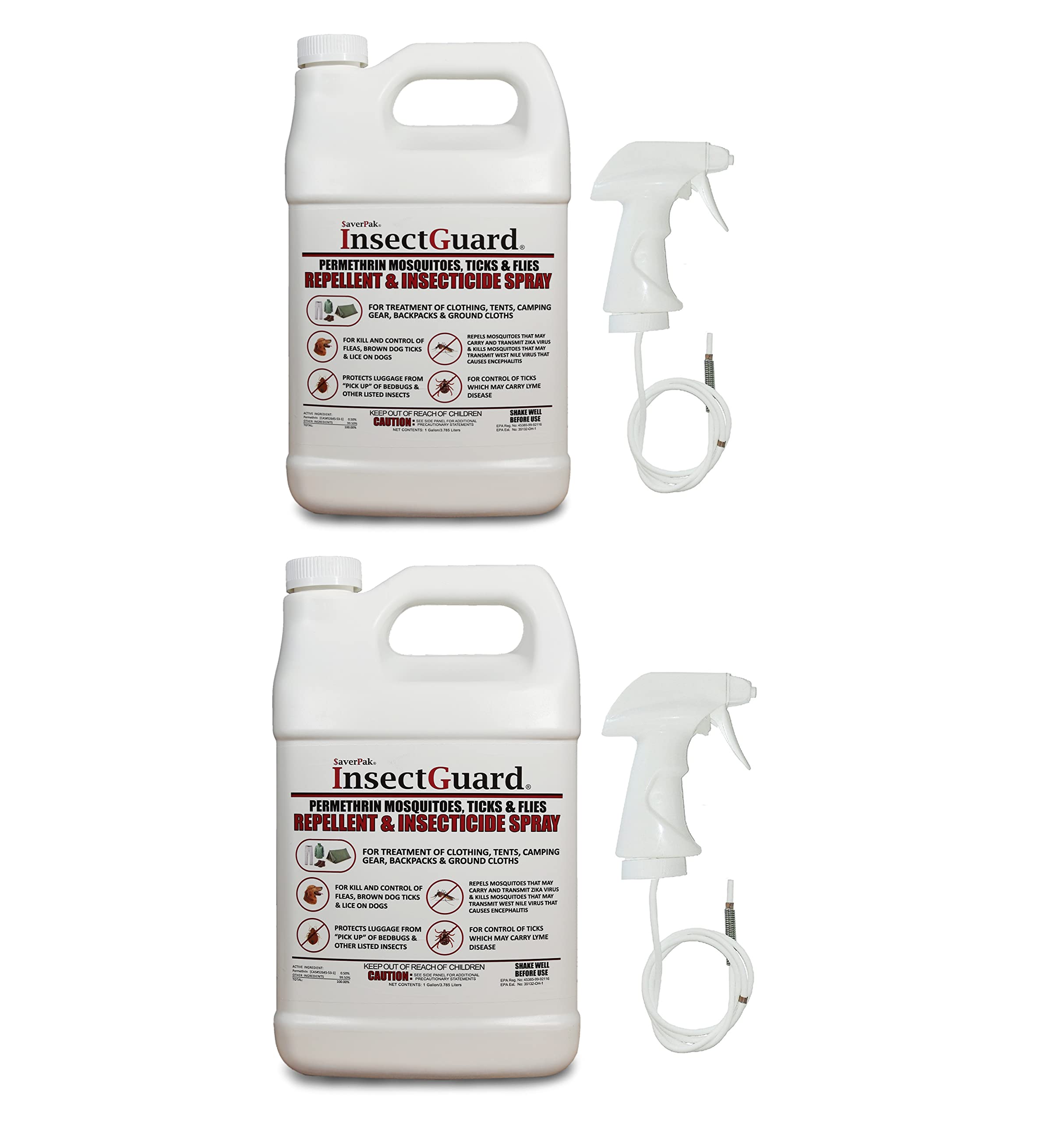 AverPak InsectGuard permethrin spray gallon being applied to clothing for long-lasting protection.