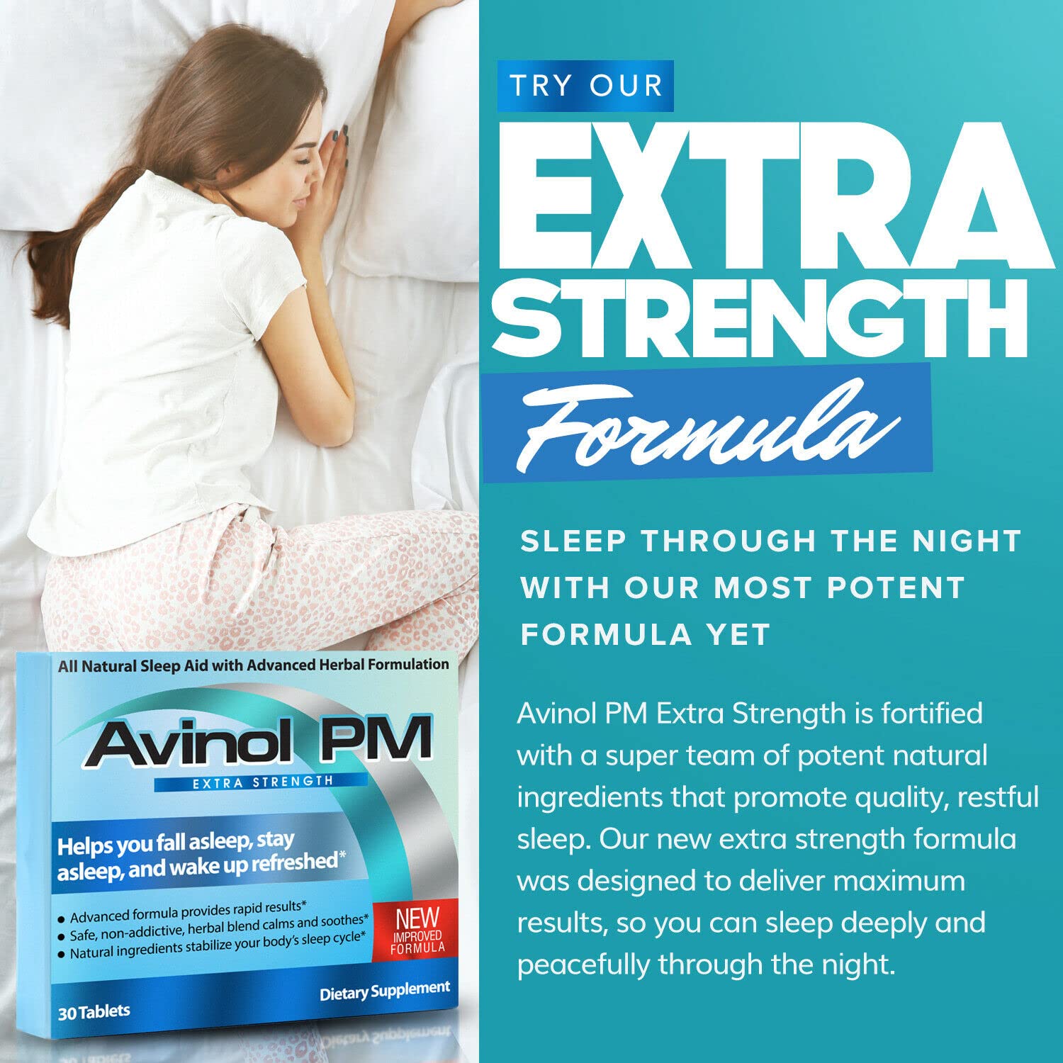 Avinol PM Extra Strength bottle front highlighting compact, travel-friendly packaging.