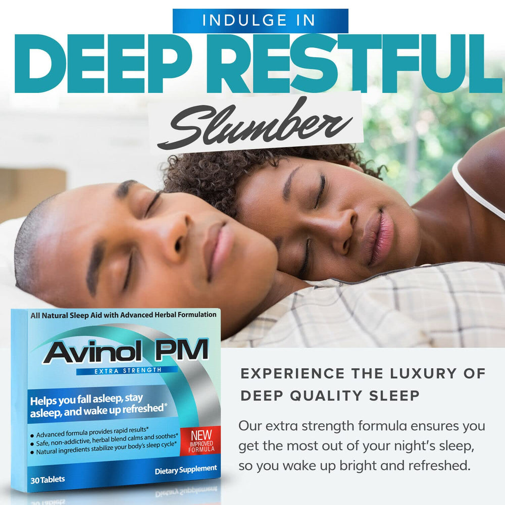 Avinol PM Extra Strength tablets close-up showing small, easy-to-swallow form.