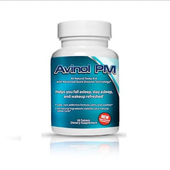Avinol PM quick-dissolve tablet bottle front view promotes easier sleep.