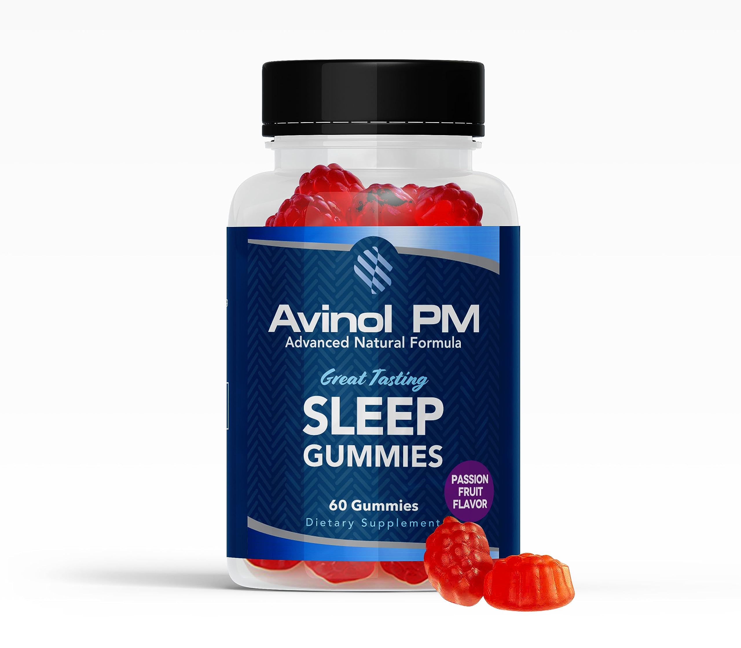 Avinol PM Sleep Gummies bottle front showcasing the USA-made formula and passion fruit flavor for bedtime routines.