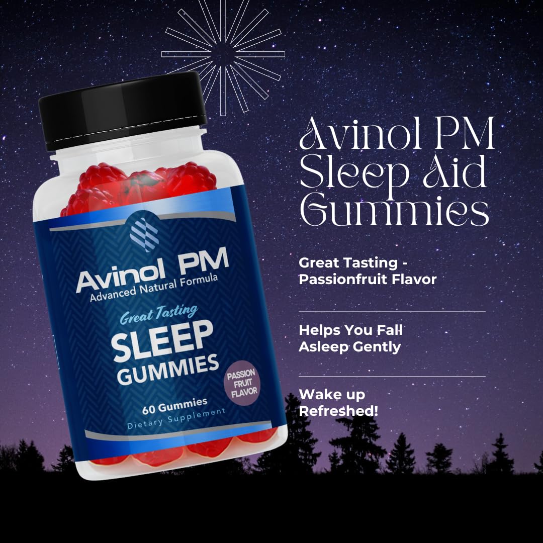Avinol PM Sleep Gummies bottle side highlights ingredients and non-habit forming profile.