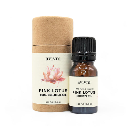 Avivni Pink Lotus essential oil bottle for pure aroma in skincare and aromatherapy.