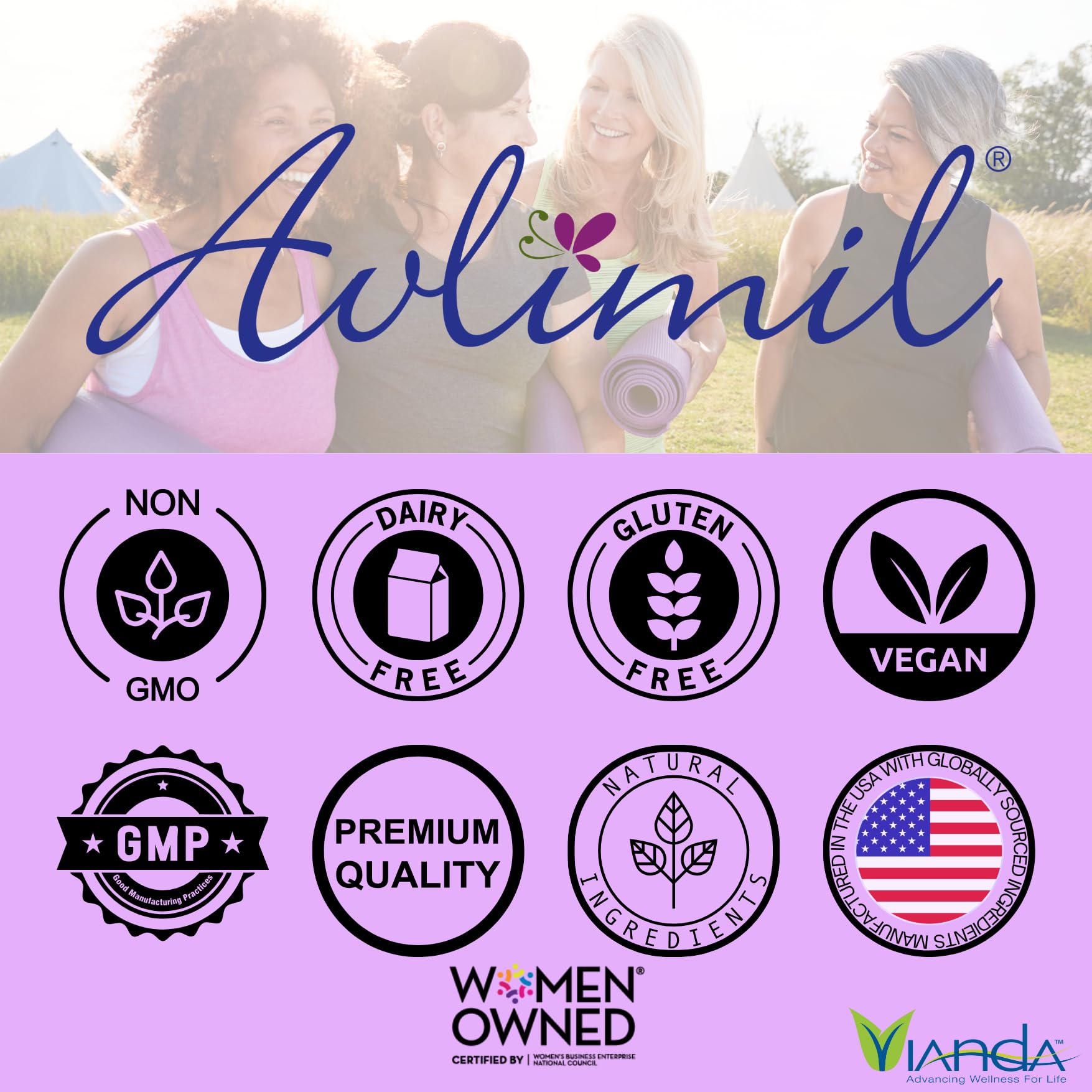Avlimil packaging detail showing clean, vegan-friendly manufacturing and wellness focus.