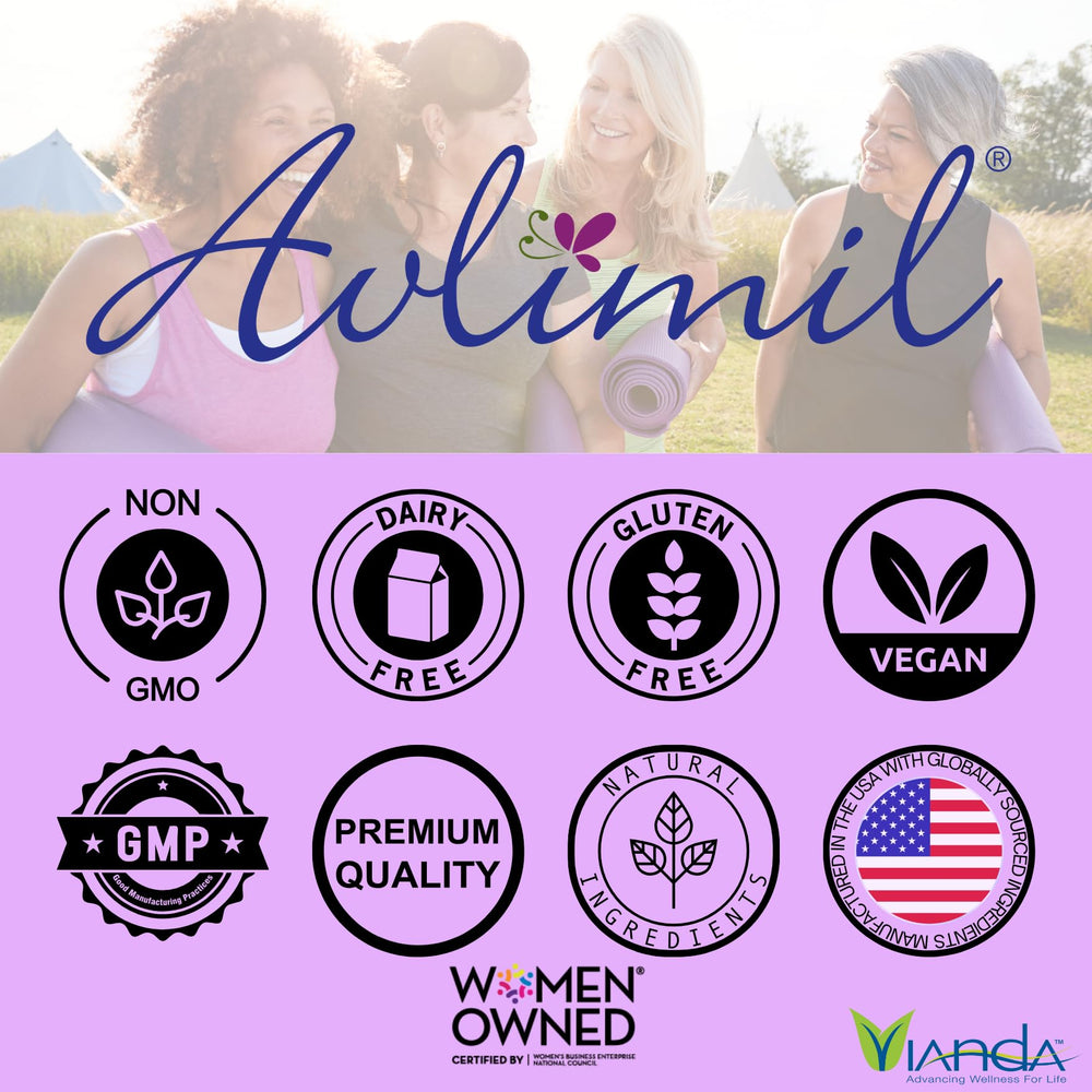 Avlimil packaging detail showing clean, vegan-friendly manufacturing and wellness focus.