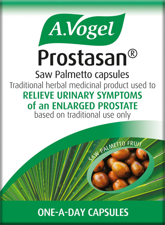Prostasan capsules close-up label highlights saw palmetto extract for convenient supplementation