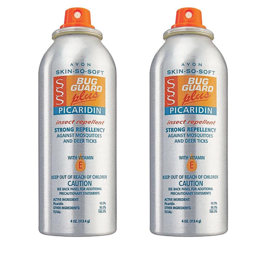 Avon Skin So Soft Bug Guard Plus Picaridin aerosol spray pack of two for outdoor protection.