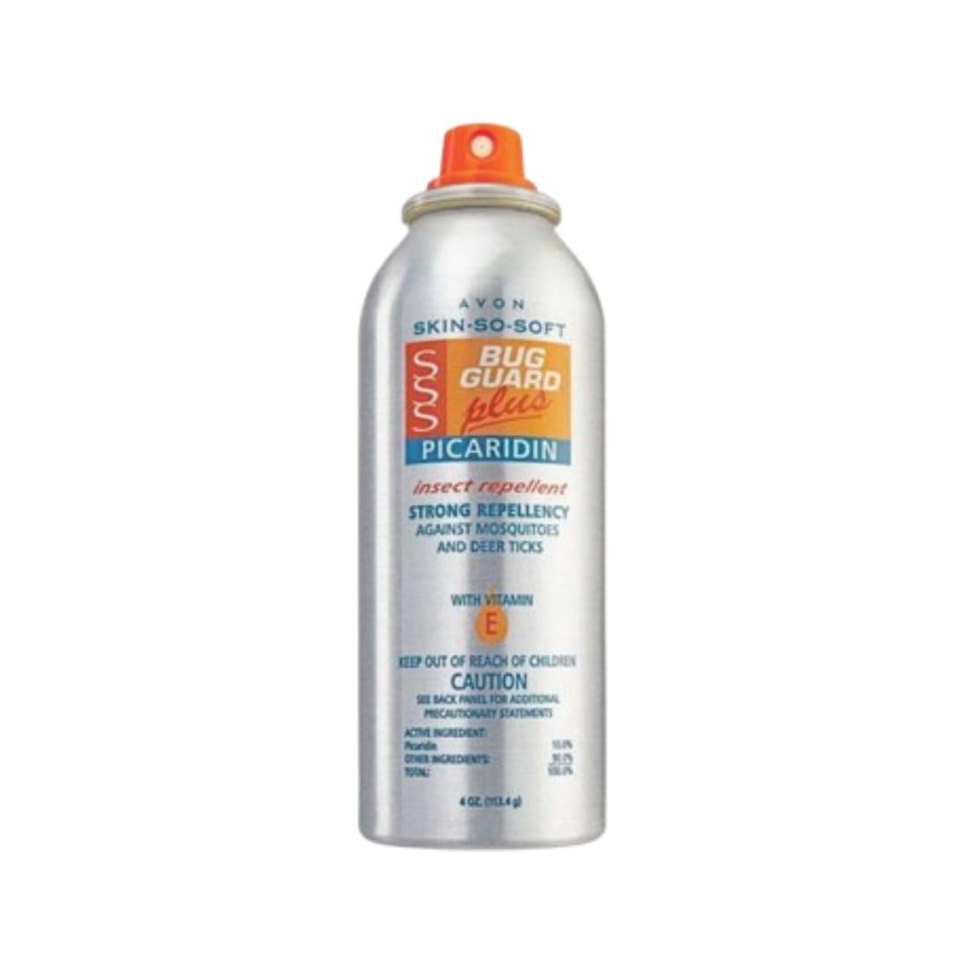 AVON Skin So Soft Bug Guard Plus Picaridin aerosol bottle protects you from mosquitoes outdoors.