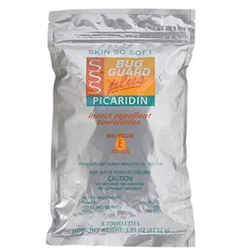 Resealable bag of Avon Bug Guard Plus Picaridin towelettes for travel.