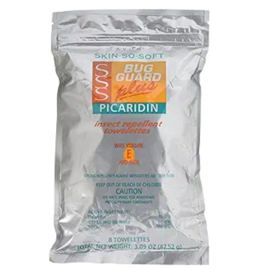 Resealable bag of Avon Bug Guard Plus Picaridin towelettes for travel.