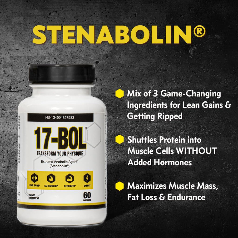 Back of 17-BOL bottle with ingredients and hormonal balance cues for athletes