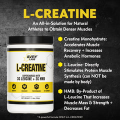 Avry Labs L-CREATINE powder with scoop ready for pre or post workout use.
