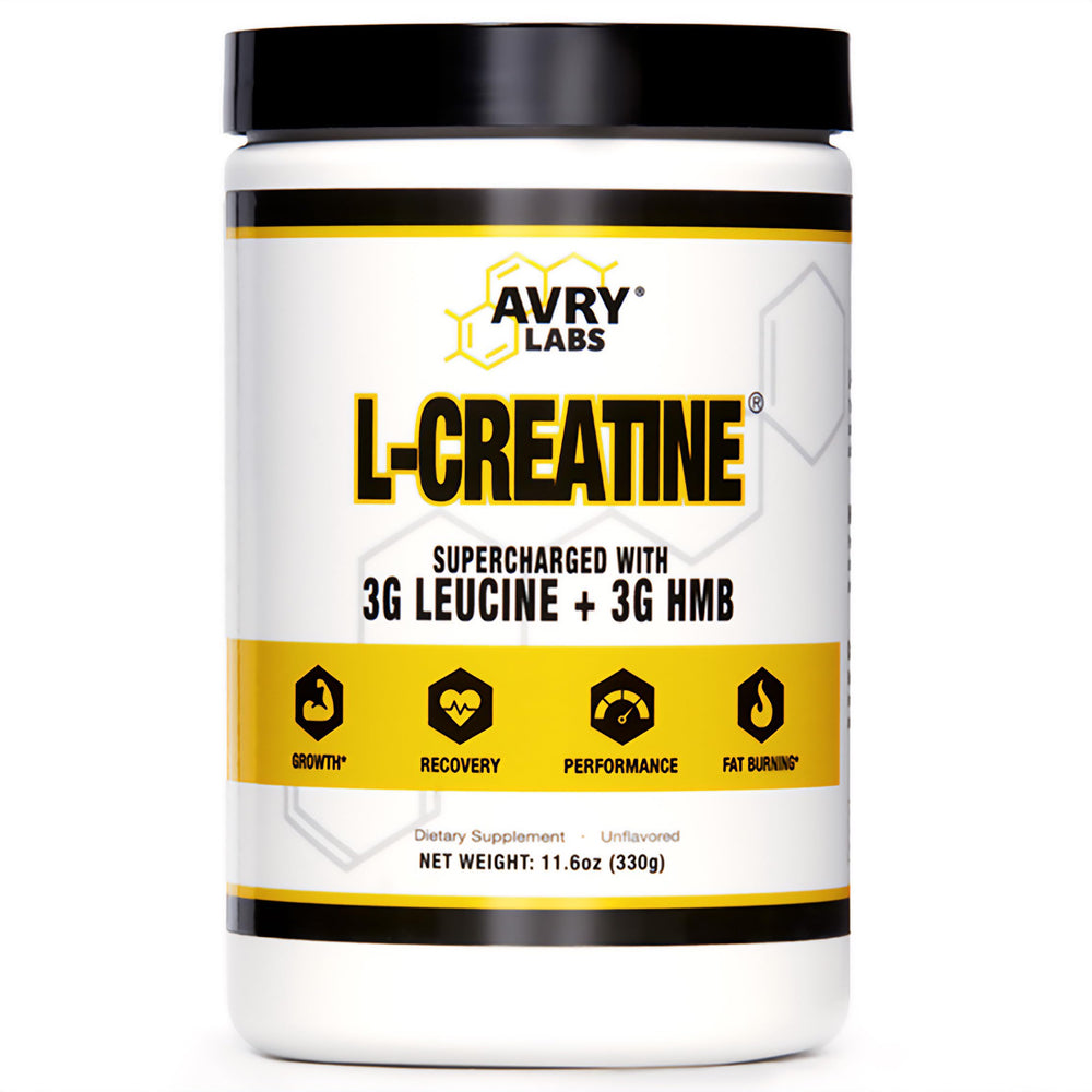 Avry Labs L-CREATINE tub front view highlighting muscle support and endurance.