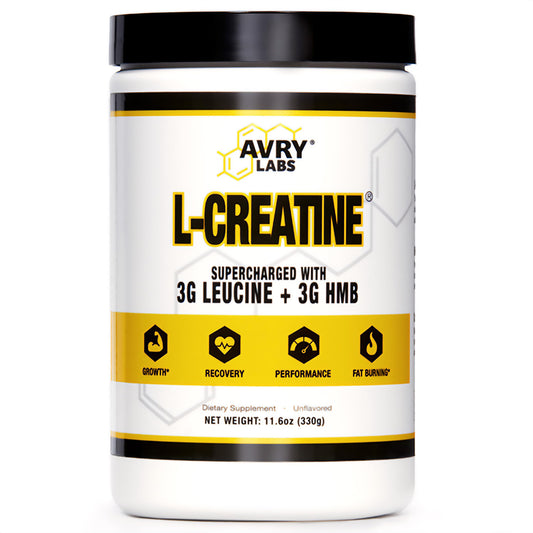 Avry Labs L-CREATINE tub front view highlighting muscle support and endurance.