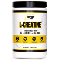 Avry Labs L-CREATINE tub front view highlighting muscle support and endurance.