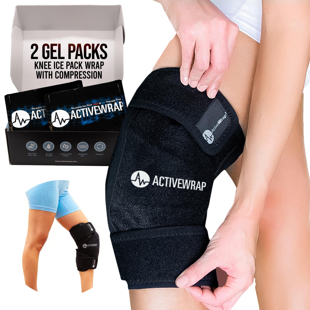 AW ACTIVEWRAP knee ice pack wrap shown with adjustable straps for targeted knee cooling