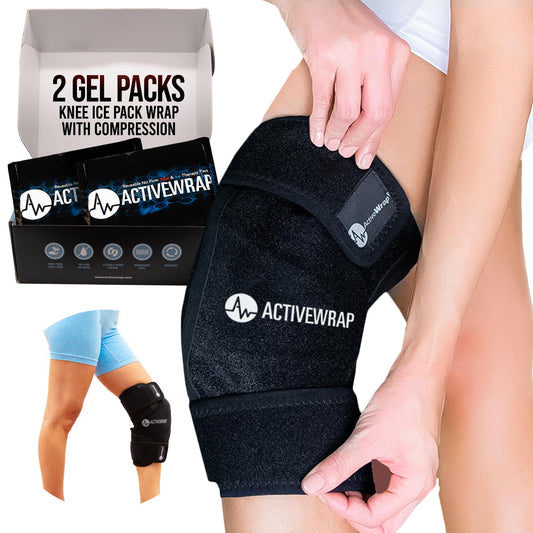 AW ACTIVEWRAP knee ice pack wrap shown with adjustable straps for targeted knee cooling