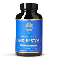 Awakened Alchemy Mind-Restore bottle closeup for calm focus and night-time support.