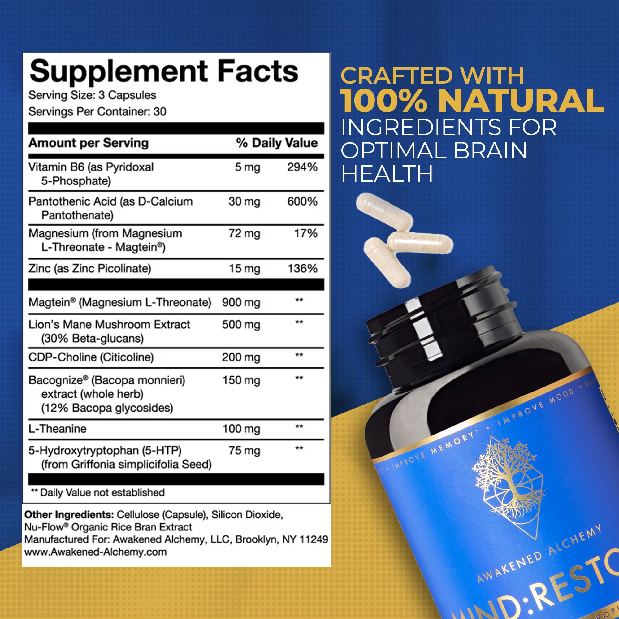 Awakened Alchemy Mind-Restore usage shot with label directions for nightly use.