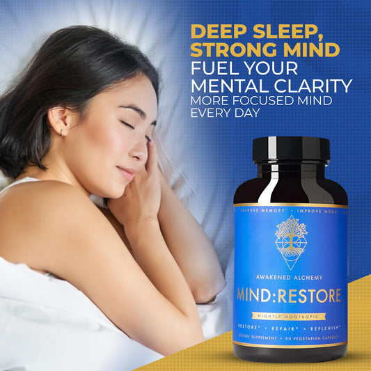 Awakened Alchemy Mind-Restore label detail highlighting premium ingredients.
