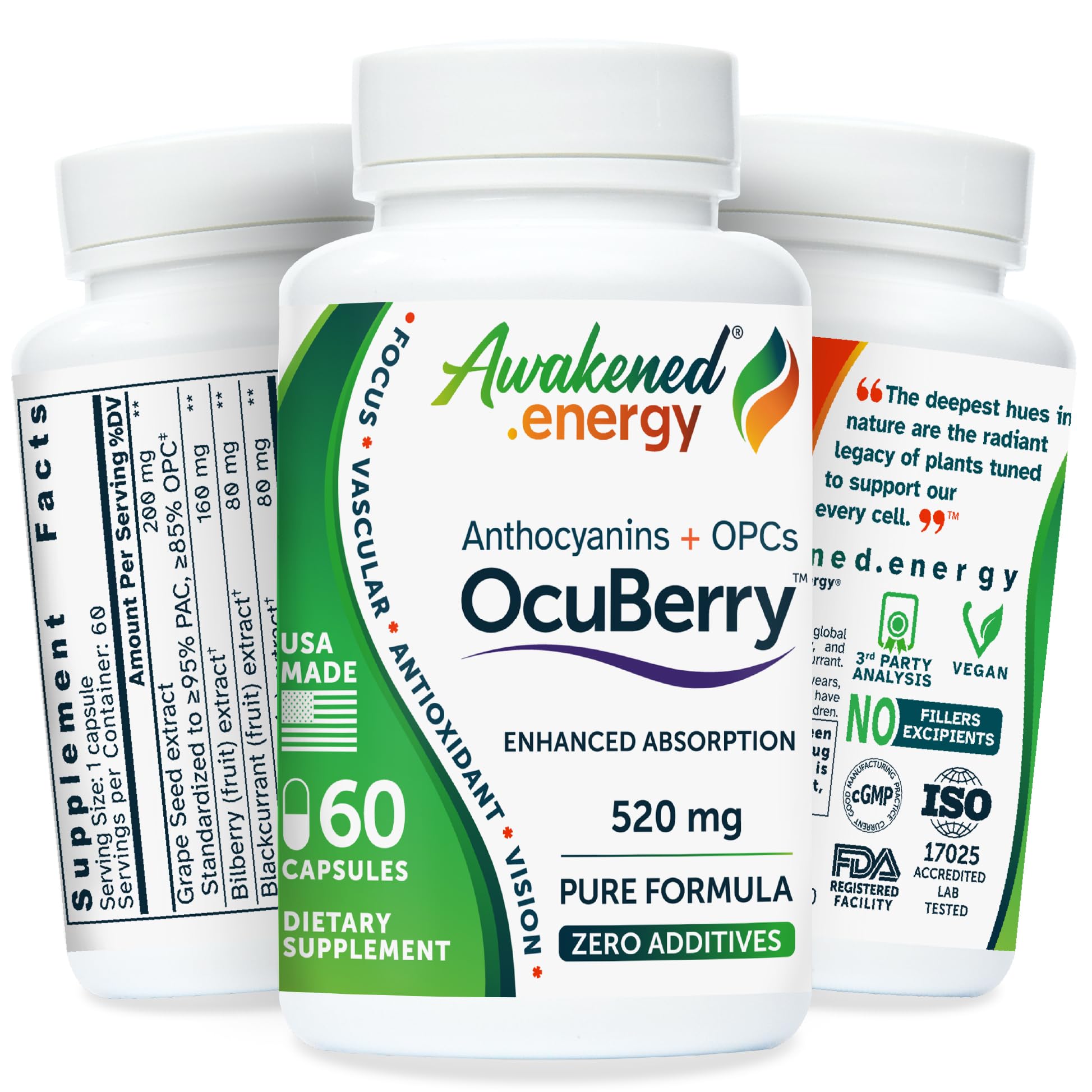 Awakened.energy OcuBerry bilberry capsules supporting eye health and daily vitality.
