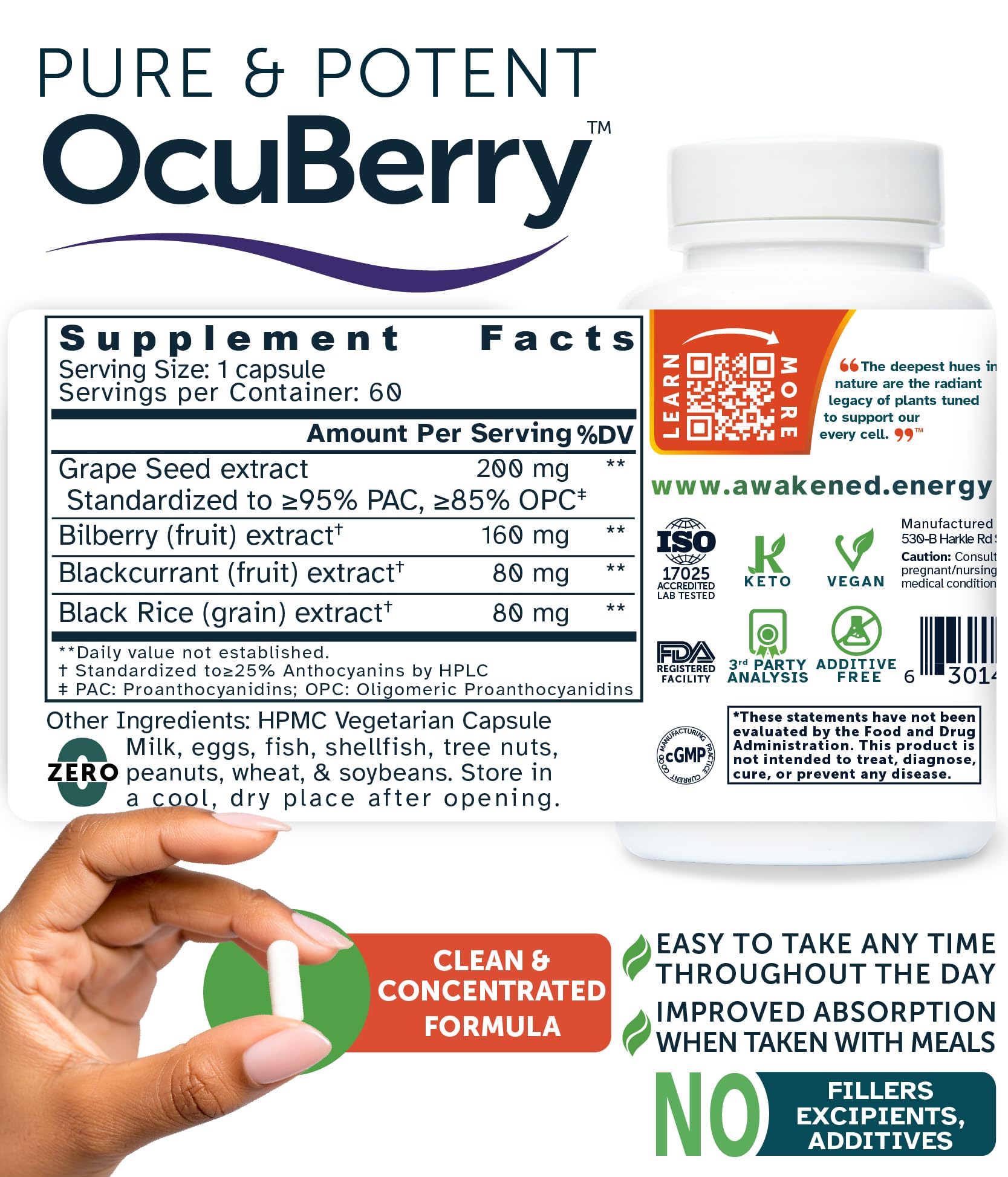 Awakened.energy OcuBerry vegan capsules ready for daily supplementation.