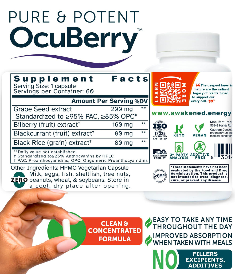 Awakened.energy OcuBerry vegan capsules ready for daily supplementation.