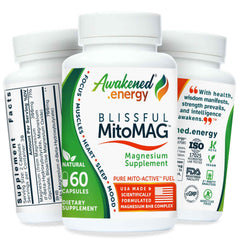 Awakened.energy Blissful MitoMAG bottle front view promoting restful sleep and mood support