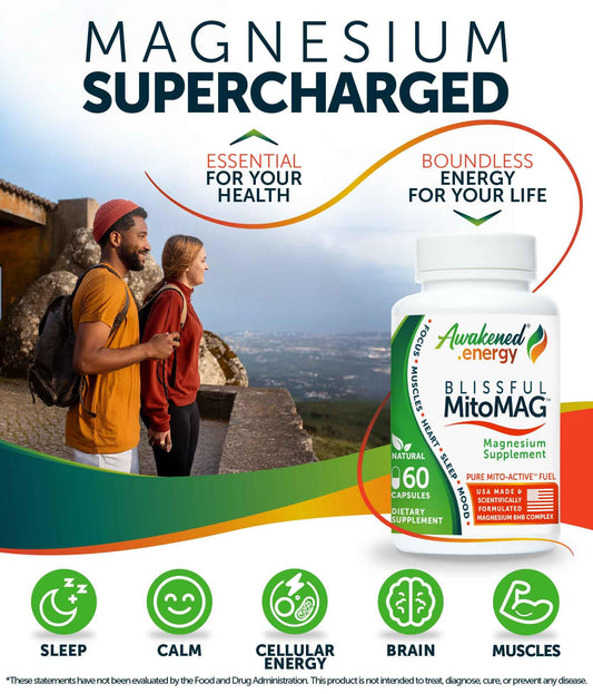 Awakened.energy Blissful MitoMAG bottle side view highlighting capsules for daily energy