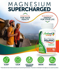 Awakened.energy Blissful MitoMAG bottle side view highlighting capsules for daily energy