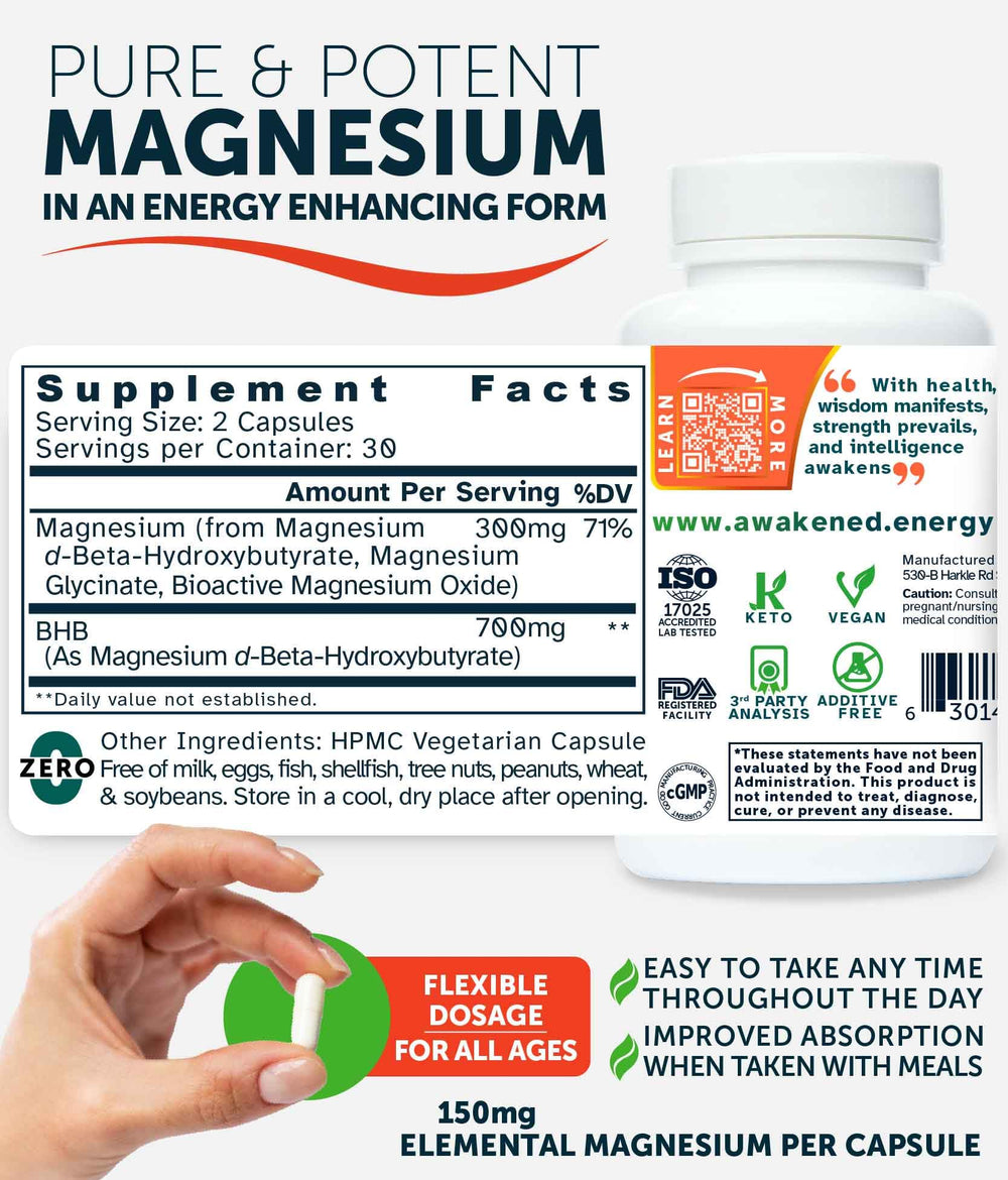 Awakened.energy Blissful MitoMAG bottle with daily dosage guidance hints at a simple routine
