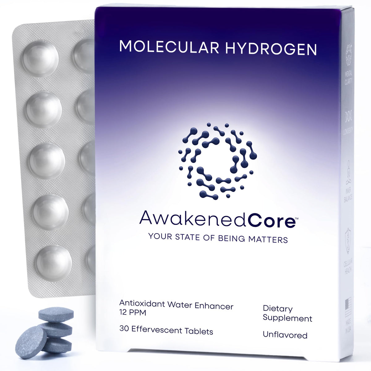 AwakenedCore hydrogen tablets dissolve in water for enhanced hydration and energy.