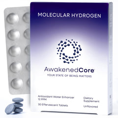AwakenedCore hydrogen tablets dissolve in water for enhanced hydration and energy.