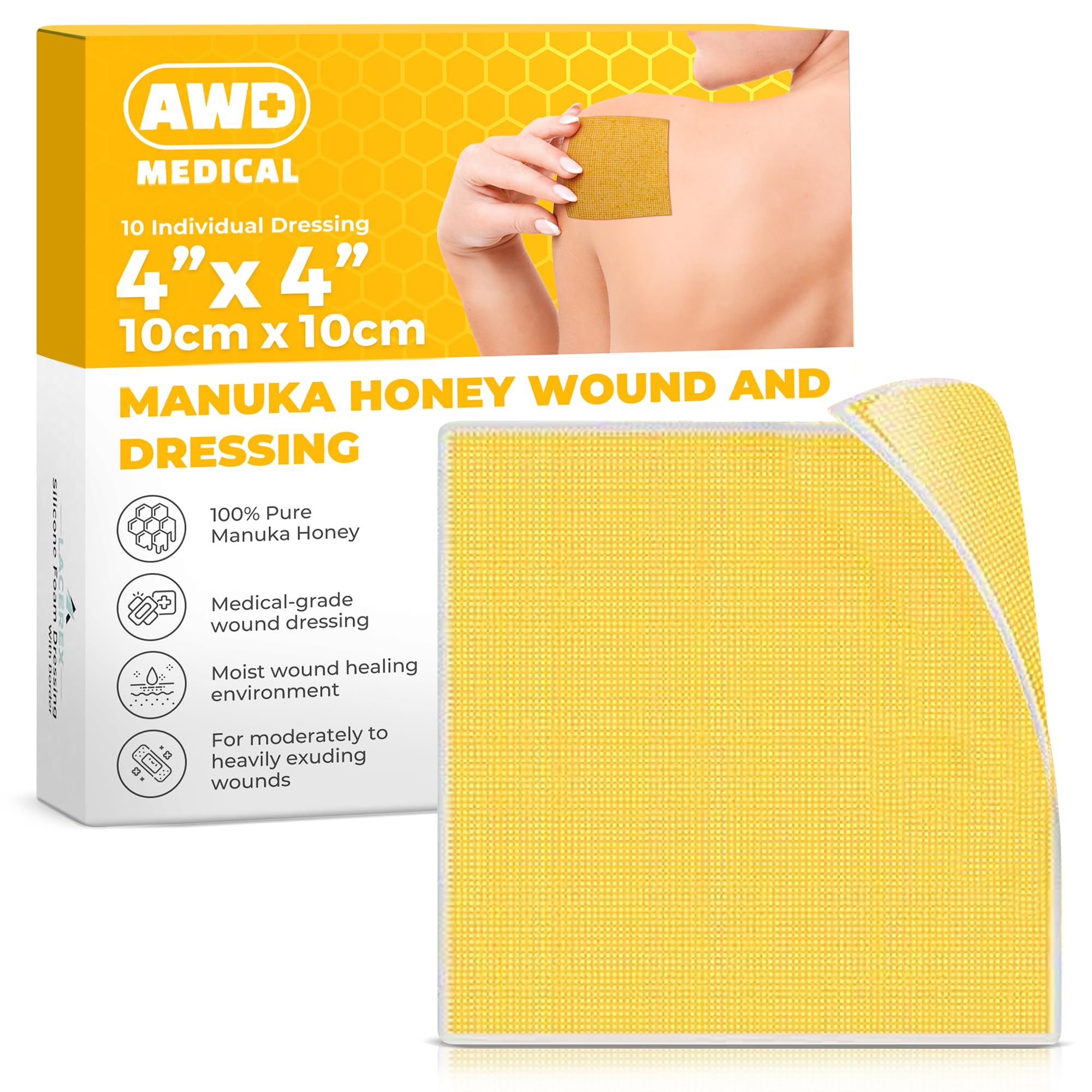 AWD Medical Manuka Honey Gauze Dressing 10-count box provides sterile, ready-to-use wound care.