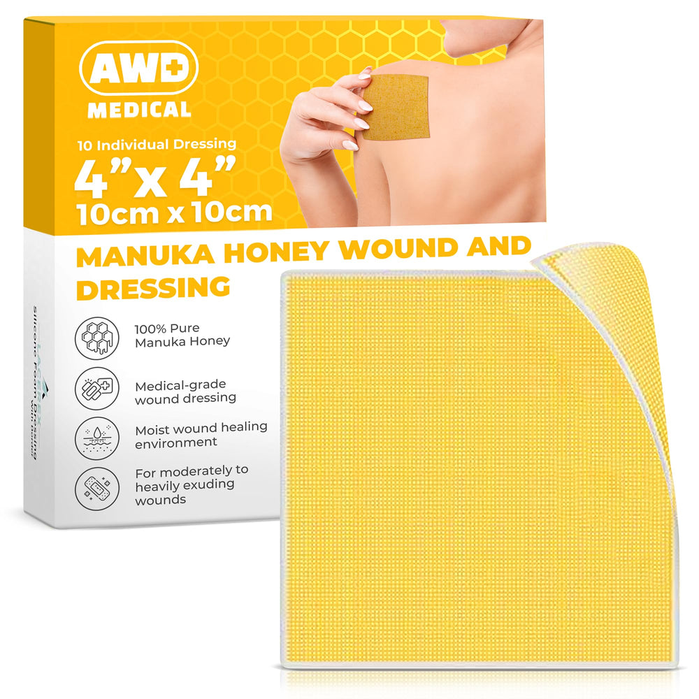 AWD Medical Manuka Honey Gauze Dressing 10-count box provides sterile, ready-to-use wound care.