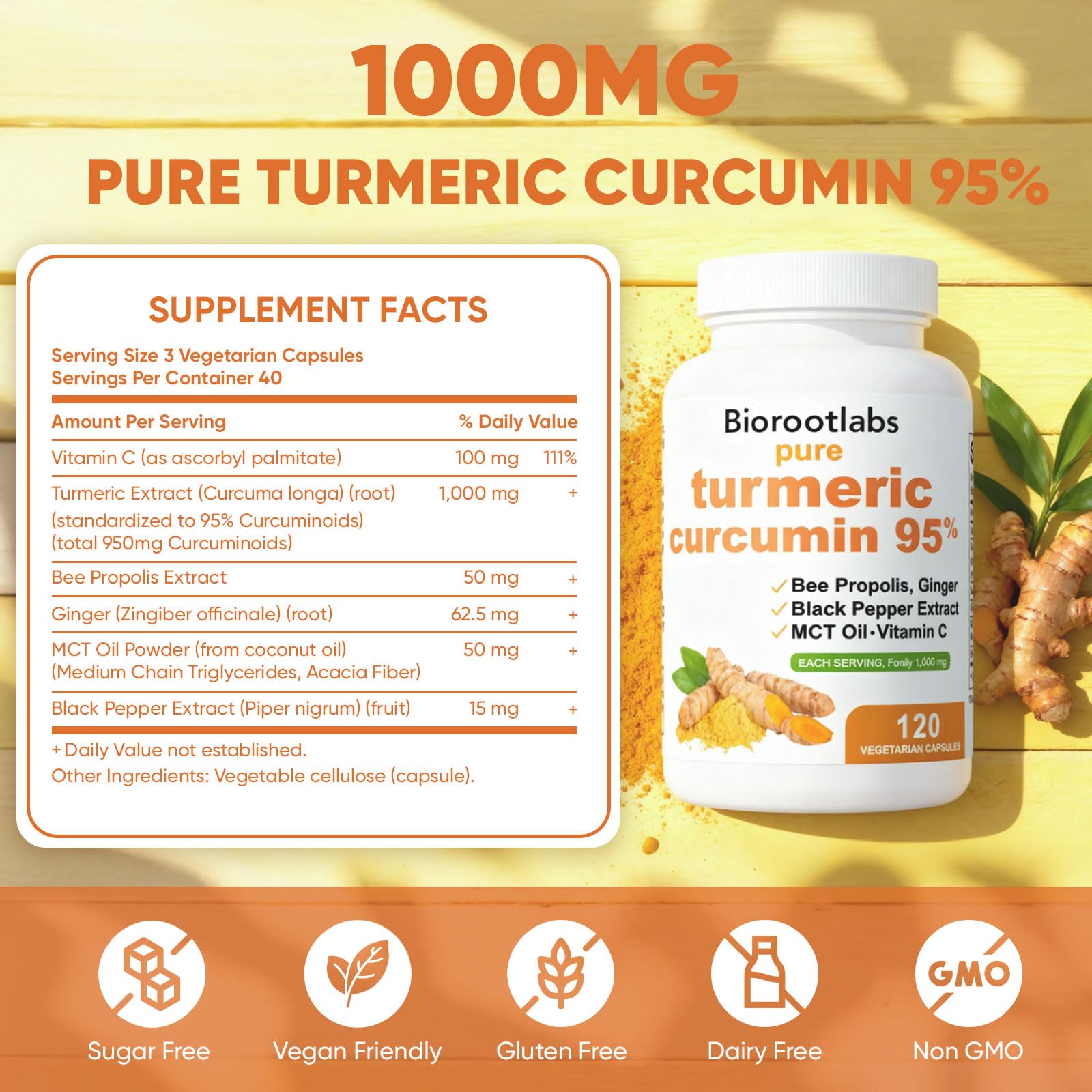 Awjsde Biorootlabs turmeric capsules close-up shows 1000mg potency.