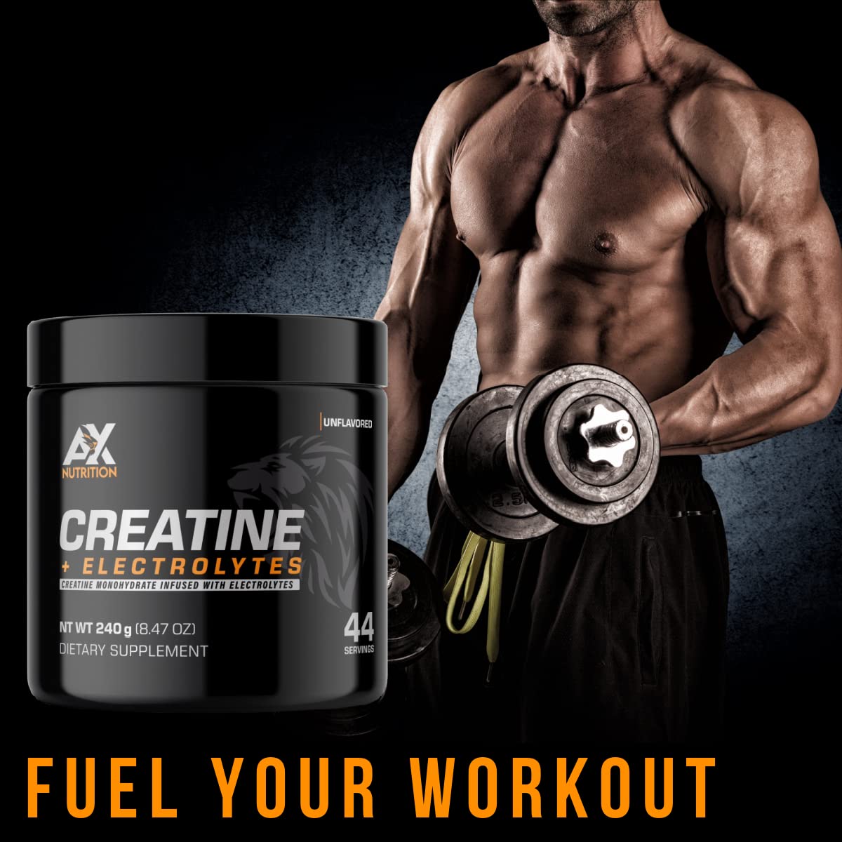 AX Nutrition Creatine + Electrolytes bottle beside the label for easy, on-the-go hydration.