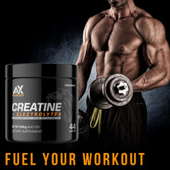 AX Nutrition Creatine + Electrolytes bottle beside the label for easy, on-the-go hydration.