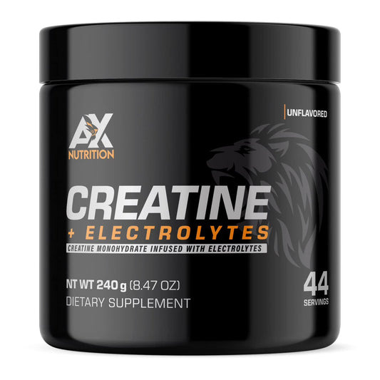 AX Nutrition Creatine + Electrolytes jar with powder ready for hydration during workouts.