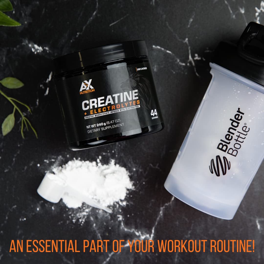 AX Nutrition Creatine + Electrolytes scoop in a glass of water for fast, convenient blending.