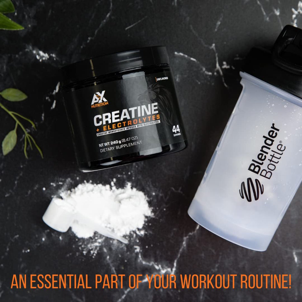 AX Nutrition Creatine + Electrolytes scoop in a glass of water for fast, convenient blending.