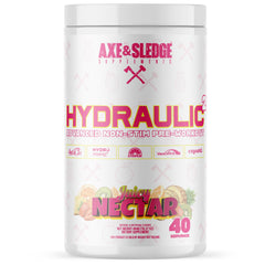 Axe & Sledge Hydraulic front label reveals a stimulant-free option for focused workouts.