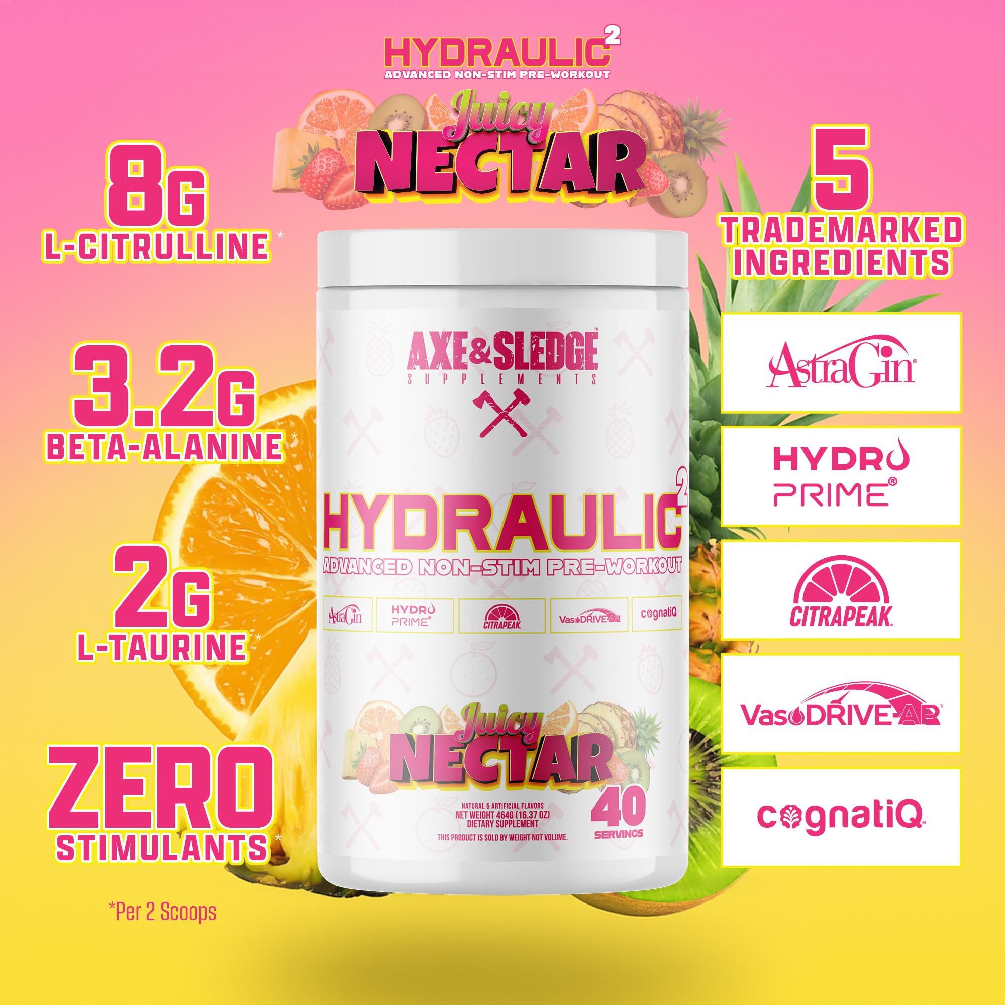 Axe & Sledge Hydraulic ingredients panel highlights Creatine MagnaPower and Beta-Alanine for endurance.