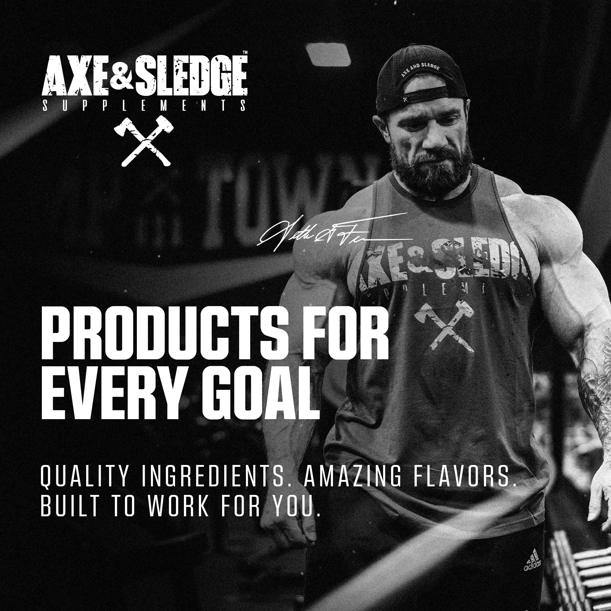 Axe & Sledge Hydraulic late-night workout setup with scoop and glass
