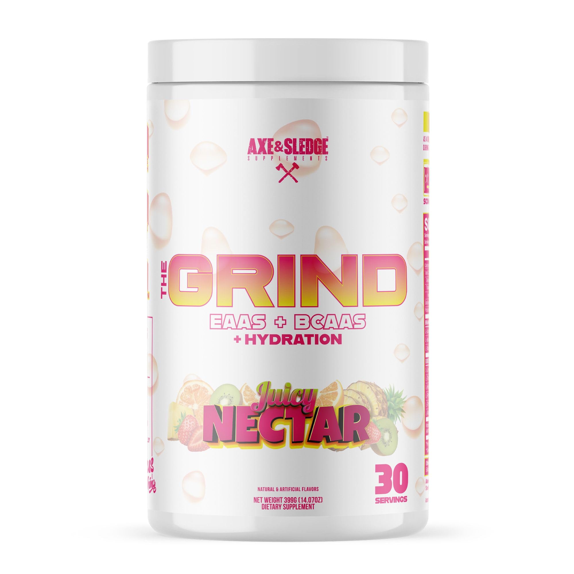 Axe & Sledge The Grind bottle view highlighting essential amino acids for recovery support.