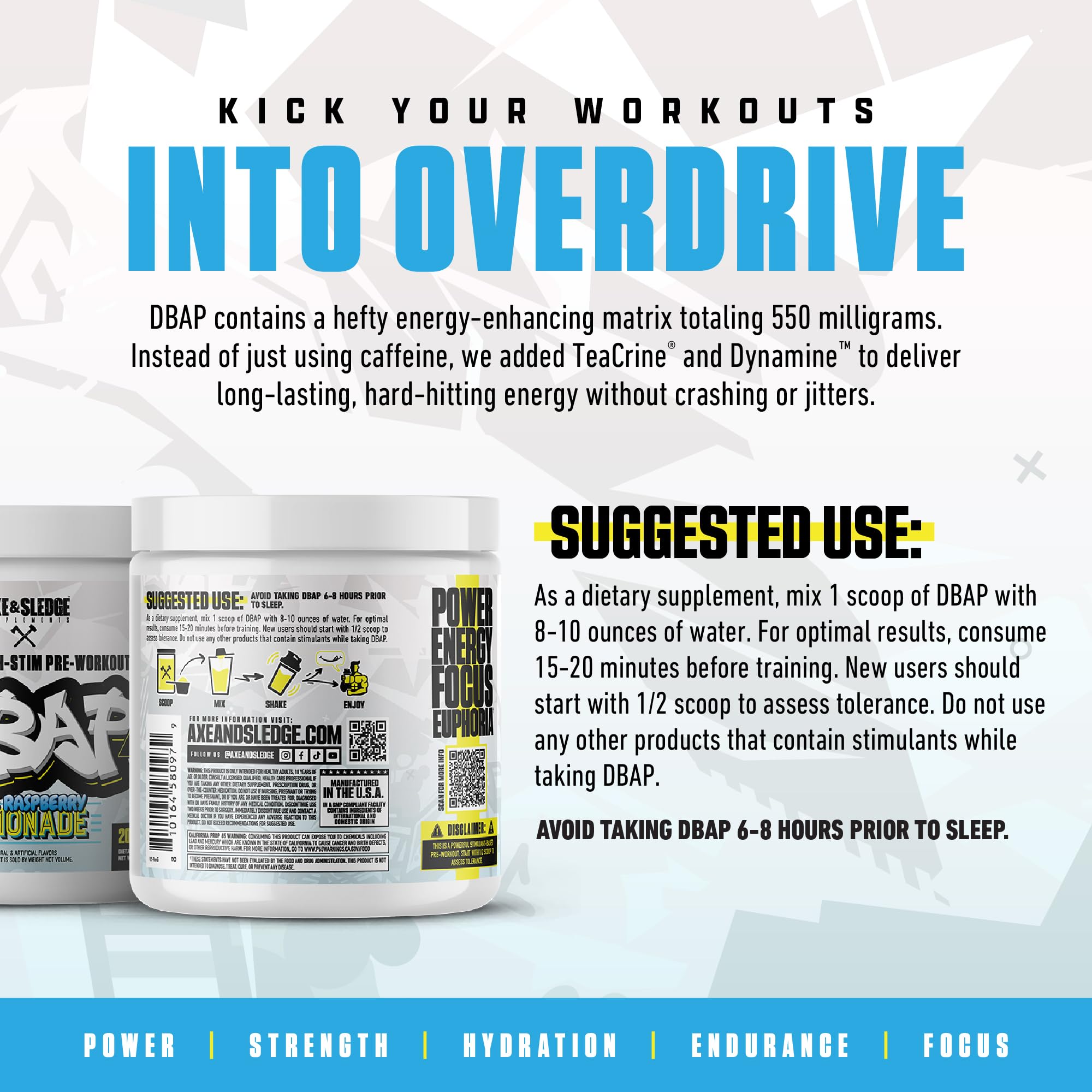 Glass shows blue raspberry lemonade with DBAP Extreme for quick energy.