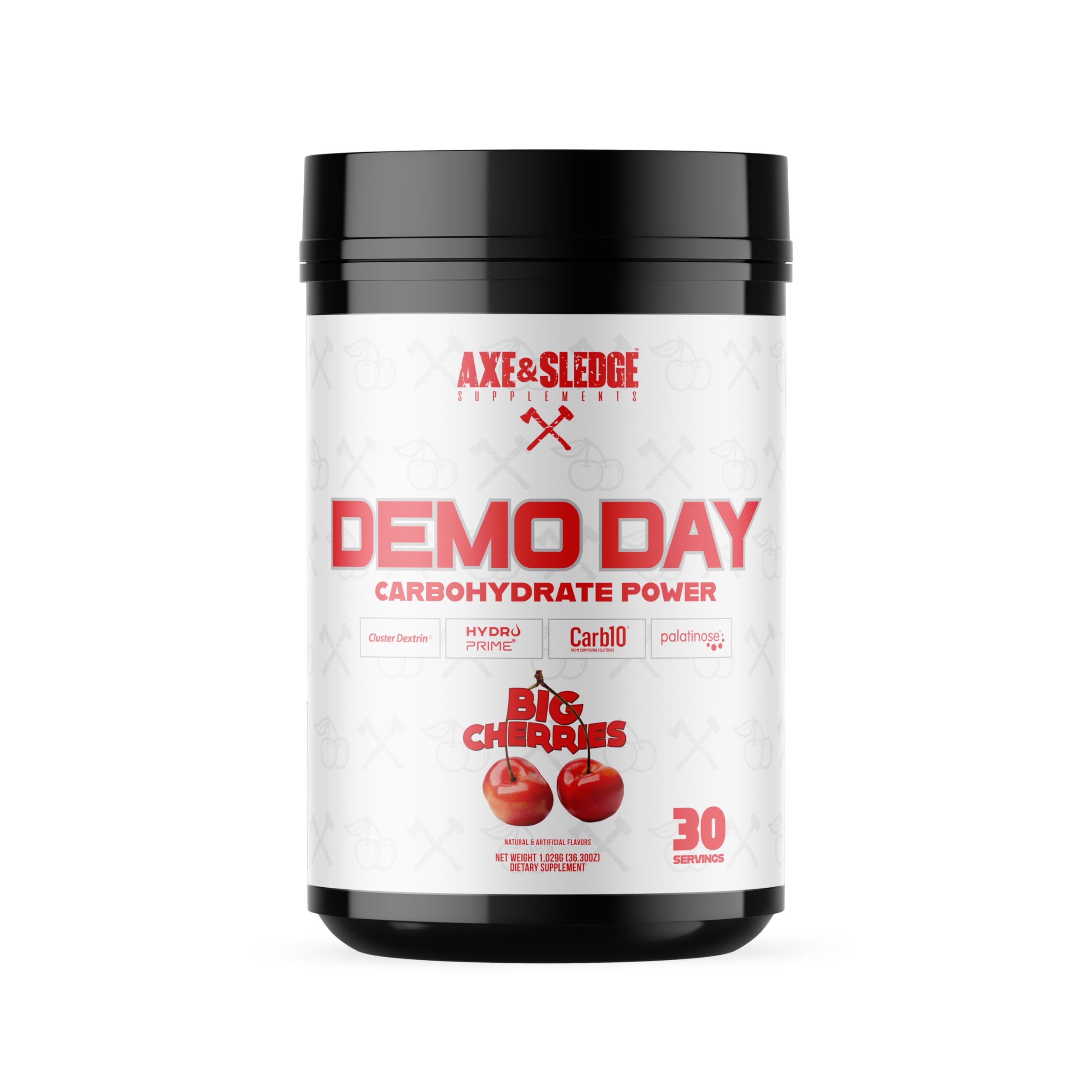 Axe & Sledge Demo Day carb powder jar for sustained workout energy.